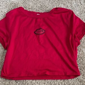 Red Crop Top with Lip Embroidery